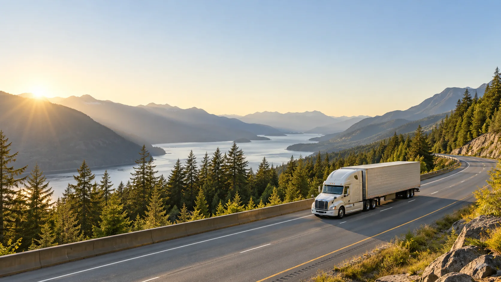 Illustrative AI-generated semi-truck traveling on a mountain highway.