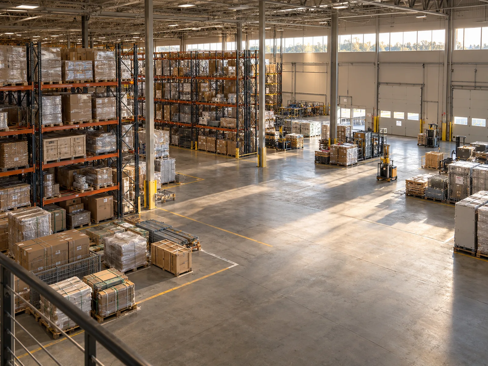 Illustrative AI-generated elevated view across a sunlit warehouse with pallet racks and floor bays.